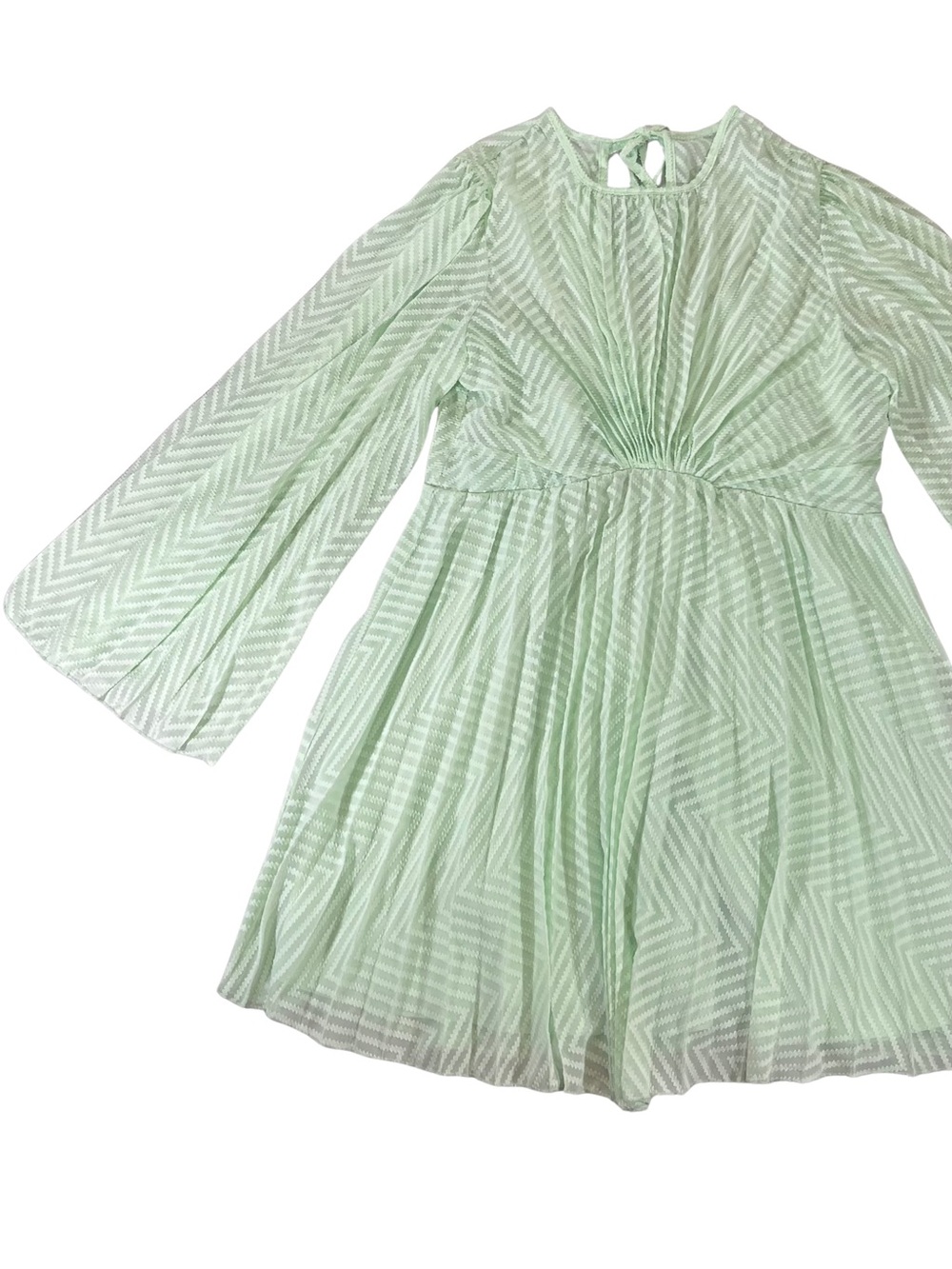 ASOS Mint Green Chevron-Texture Pleated Long Sleeve Mini Dress